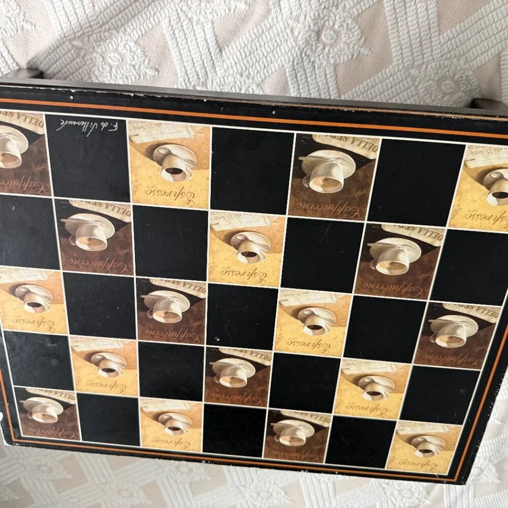 Chess Board Table Vintage Wooden Checkers Combo Game Autor Signed Making a Coffe - Picture 10 of 11